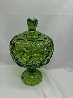 Vintage LE Smith Moon & Stars Peridot Green Glass Lidded Compote Candy Dish 10"